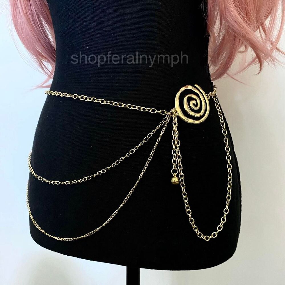 Gold Y2K Spiral Swirl Draped Layered Chain Belt, Fits 16-44 Inches, X7GA1405